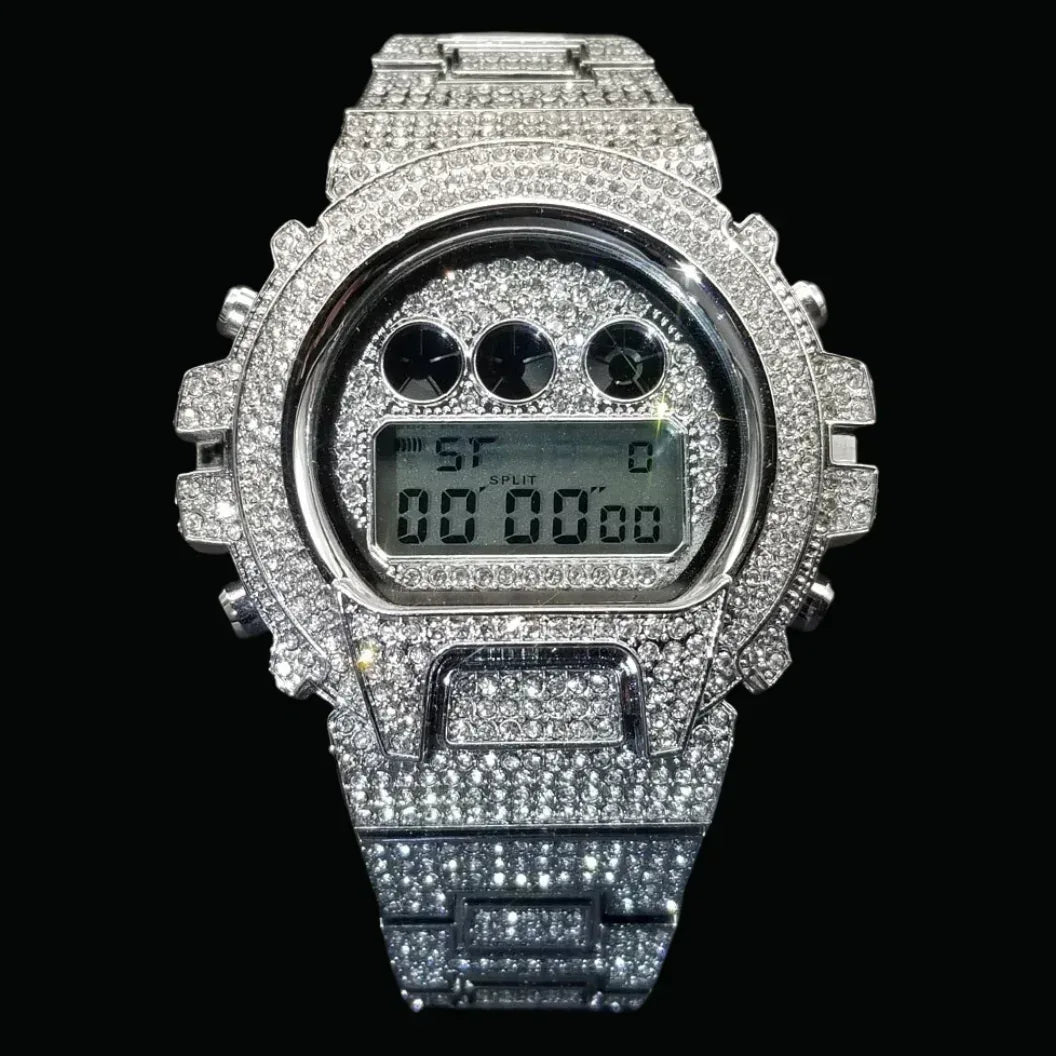 Digital LED Waterproof Chronograph Iced Out Watch – Luxury Hip Hop Timepiece - CaratixJewelry